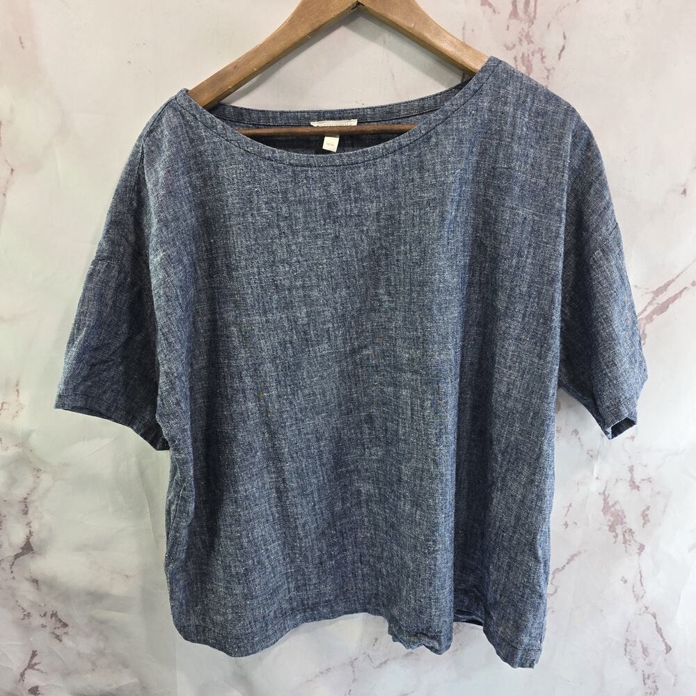 Eileen Fisher Shirt Womens Medium Blue Hemp Organic Cotton Navy Heathered